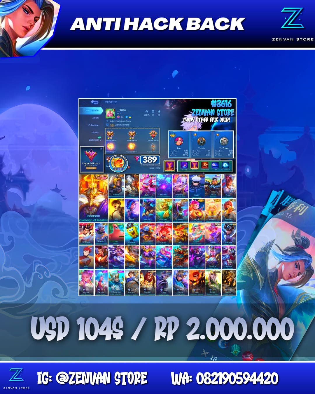 Foto akun ML #3616 🔥 389 Skins 🔥 Legend Johnson 🔥 Collector Natalia 🔥 Soul Vessels Aamon 🔥 Neobeast 🔥 11.11 Thamuz 🔥 Jujutsu Kaisen Gojo 🔥 AoT Eren 🔥 Sanrio Claude & Floryn 🔥 Prime Granger, Claude & Beat - gambar 1