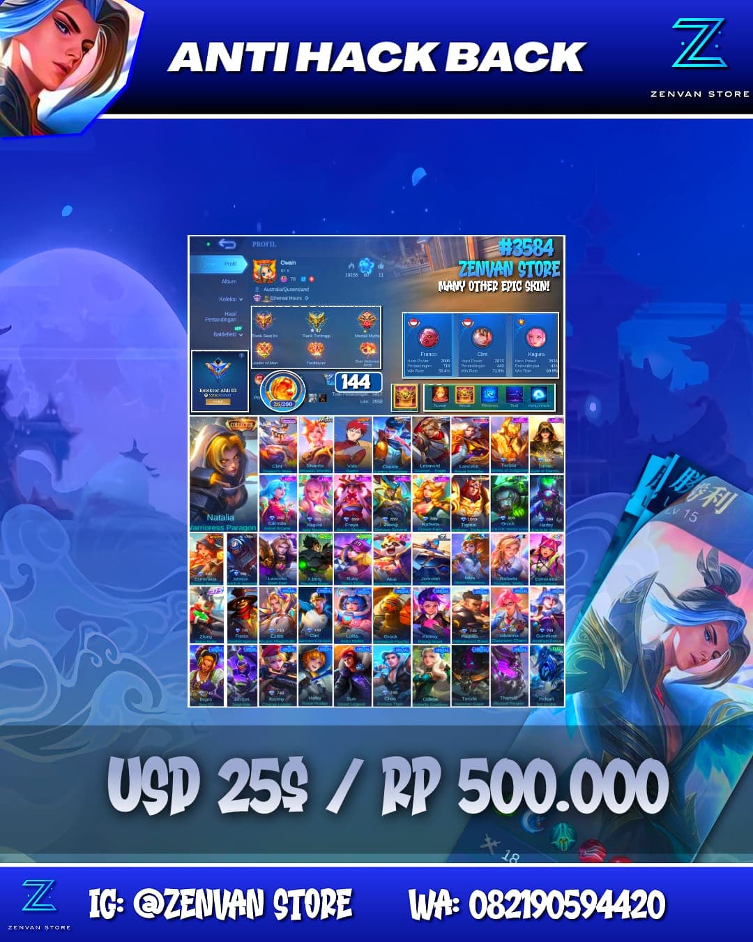 Foto akun ML #3584 🔥 144 Skins 🔥 Collector Natalia 🔥 Many Limited 🔥 Many Epic 🔥 Safe Account ✅ - gambar 1