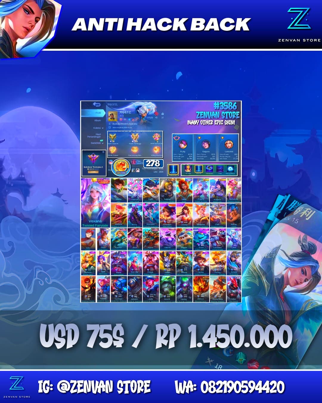 Foto akun ML #3586 🔥 278 Skins 🔥 Collector Natalia 🔥 Zenith Vexana 🔥 AoT Levi 🔥 Aspirant Chang’e & Ruby 🔥 Stun Brody 🔥 M-World Wanwan 🔥 KoF Karina 🔥 Many Limited 🔥 Many Epic 🔥 Safe Account ✅ - gambar 1