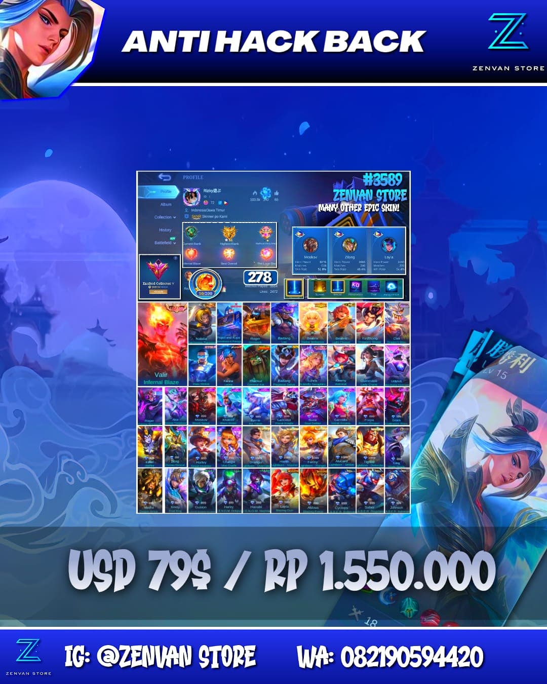 Foto akun ML #3589 🔥 278 Skins 🔥 Legend Valir 🔥 Collector Natalia 🔥 Transformers Popol & Roger 🔥 Prime Beatrix 🔥 KoF Karina 🔥 Many Limited 🔥 Many Epic 🔥 Safe Account ✅ - gambar 1