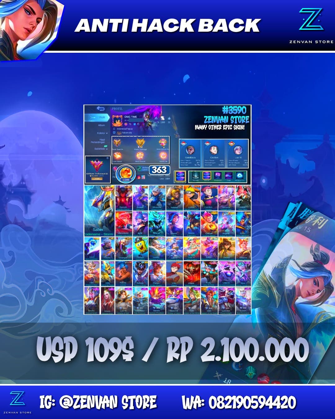 Foto akun ML #3590 🔥 363 Skins 🔥 Legend Saber 🔥 Collector Dyroth, Gusion, Silvana & Natalia 🔥 Naruto 🔥 HxH Hisoka 🔥 Aspirant Vexana & Layla 🔥 Ducati Benedetta 🔥 Prime Claude 🔥 KoF Karina 🔥 SpongeBob 🔥 M - gambar 1