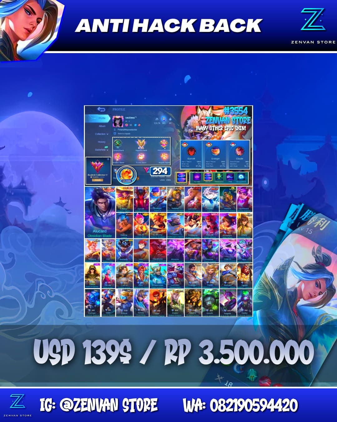 Foto akun ML #3554 🔥 294 Skins 🔥 Legend Alucard & Lesley 🔥 3 Collectors 🔥 HxH Hisoka 🔥 Mistbender Aldous 🔥 Prime Claude & Yu Zhong 🔥 KoF Guinevere & Karina 🔥 Many Limited 🔥 Many Epic 🔥 Safe Account ✅ - gambar 1