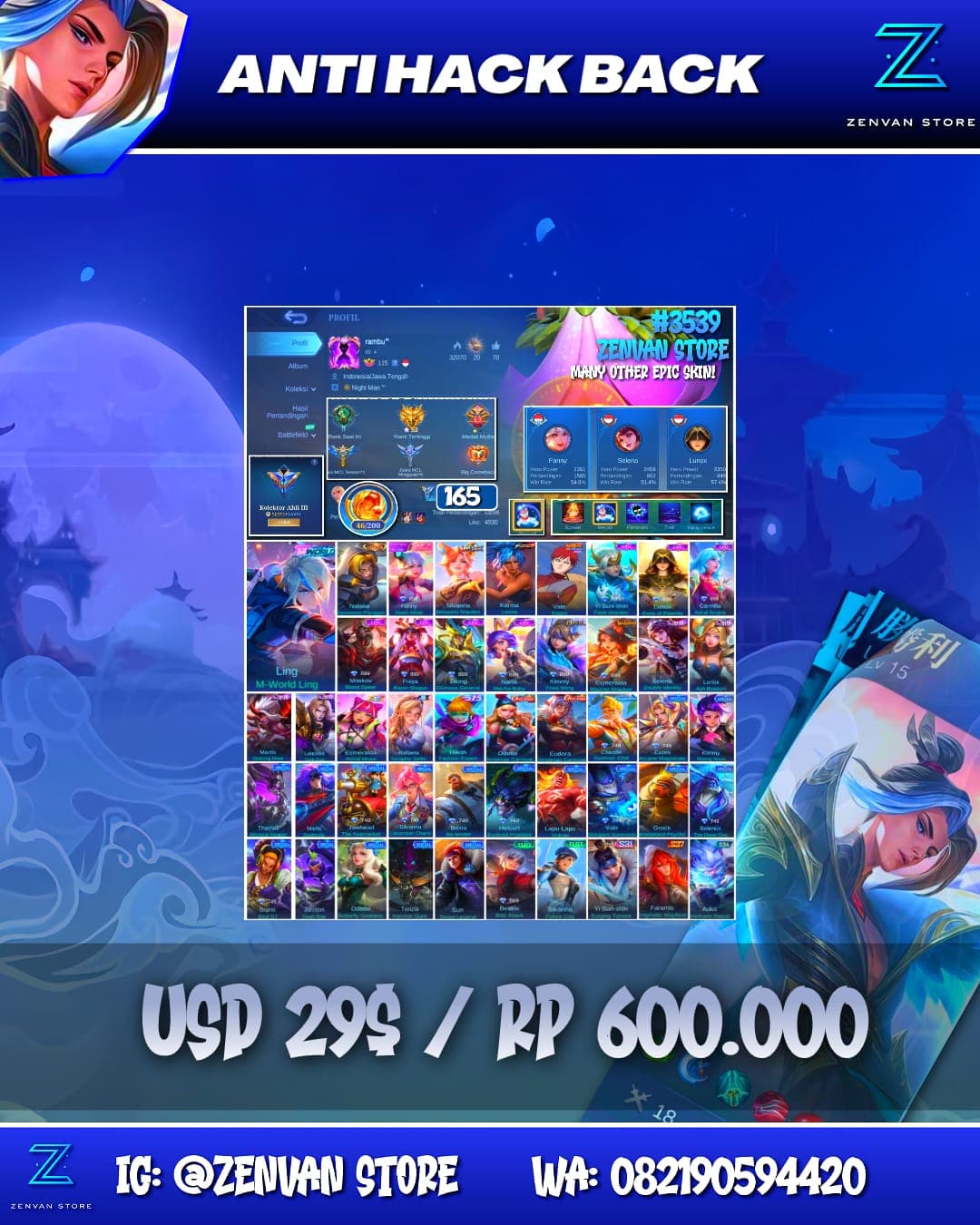 Foto akun ML #3539 🔥 165 Skins 🔥 Collector Natalia 🔥 M-World Ling 🔥 KoF Karina 🔥 Many Epic 🔥 Safe Account ✅ - gambar 1