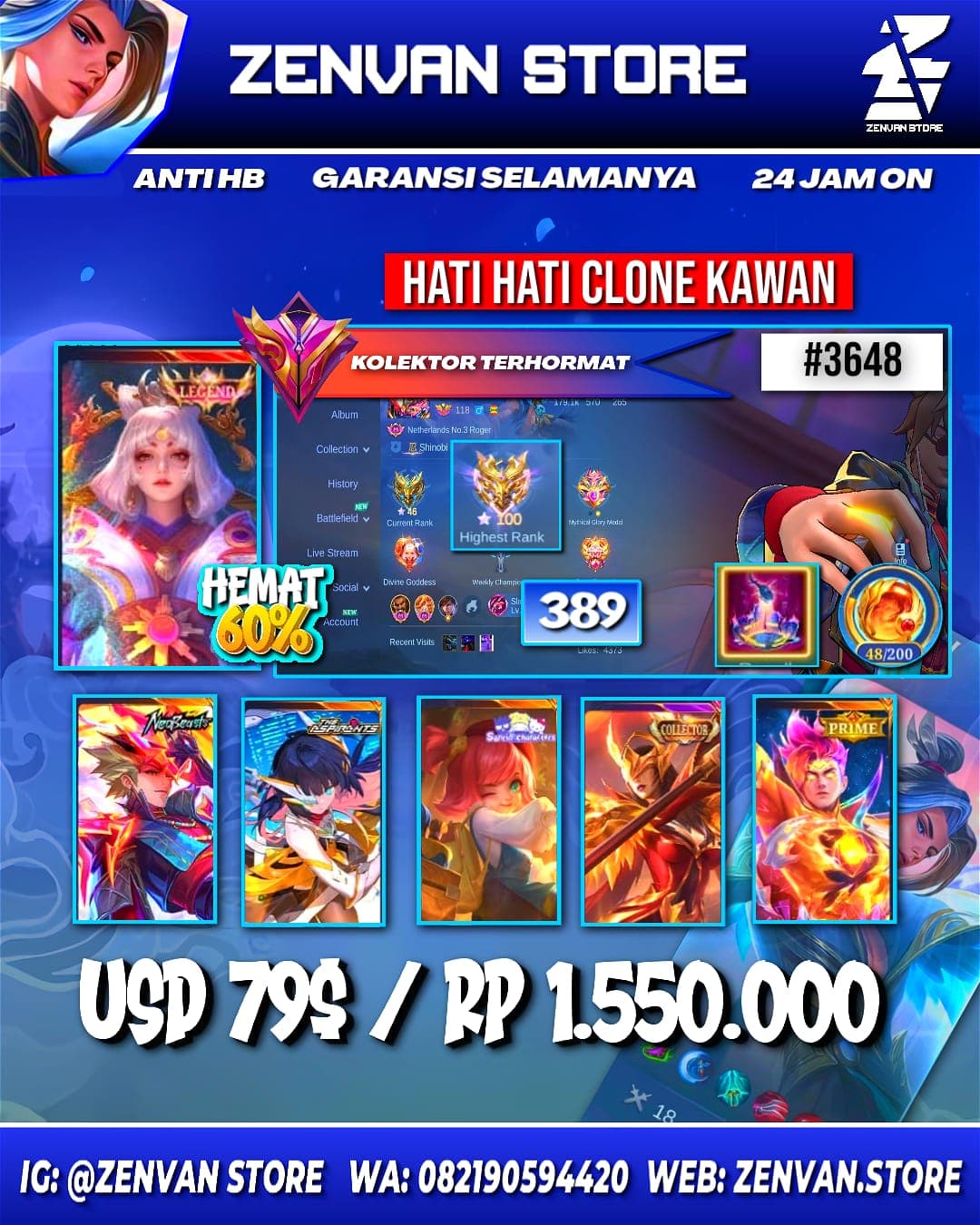 Foto akun ML #3648 🔥 389 Skins 🔥 Legend Lunox 🔥 Collector Pharsa & Natalia 🔥 Neobeast Ling 🔥 Aspirant Ruby 🔥 Prime Claude & Yu Zhong 🔥 Many Limited 🔥 Many Zodiacs 🔥 Many Epic 🔥 Safe Account ✅ - gambar 1