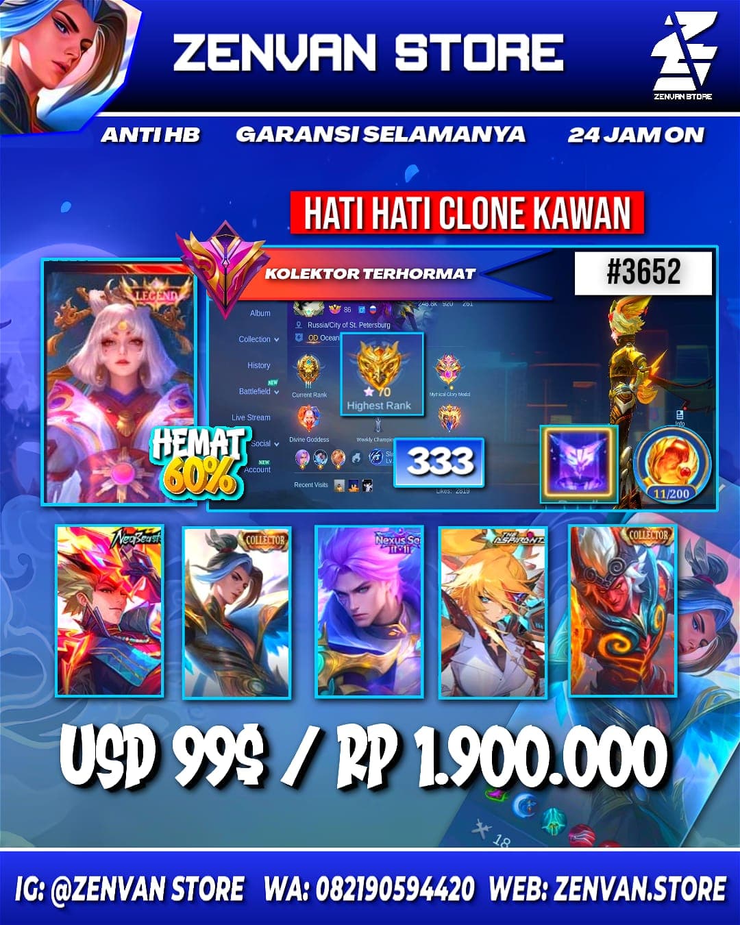 #3652 🔥 333 Skins 🔥 Legend Lunox 🔥 3 Collectors 🔥 Neobeast Ling 🔥 Aspirant Lesley 🔥 11.11 Nolan 🔥 Prime Claude, Beatrix & Yu Zhong 🔥 KoF Karina 🔥 Many Limited 🔥 Many Zodiacs 🔥 Many Epic 🔥