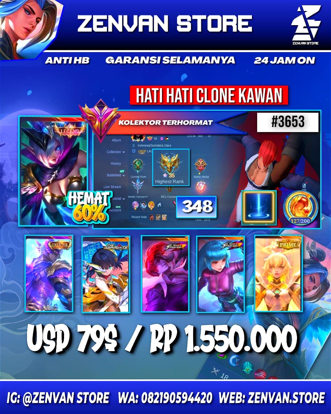 #3653 🔥 348 Skins 🔥 Legend Miya 🔥 Collector Gusion 🔥 Aspirant Ruby 🔥 Prime Beatrix 🔥 KoF Chou, Aurora & Karina 🔥 Many Limited 🔥 Many Zodiacs 🔥 Many Epic 🔥 Safe Account ✅