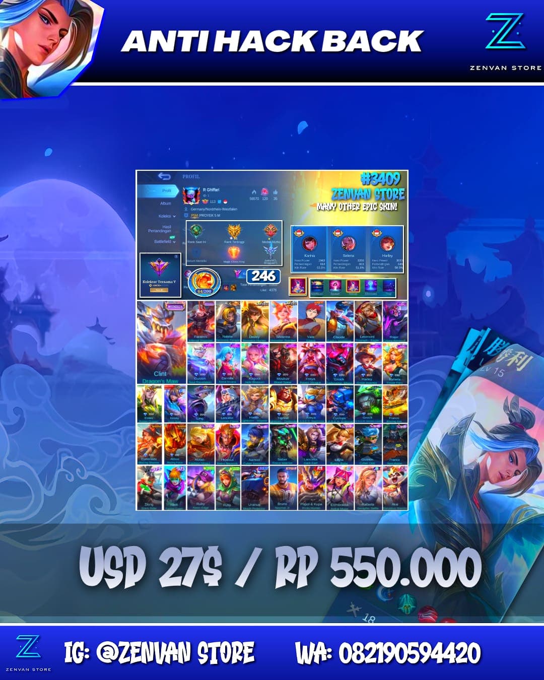 Foto akun ML #3409 🔥 246 Skins 🔥 Collector Natalia 🔥 Gusion (Rare/Gacha) 🔥 Many Epic 🔥 Safe Account ✅ - gambar 1