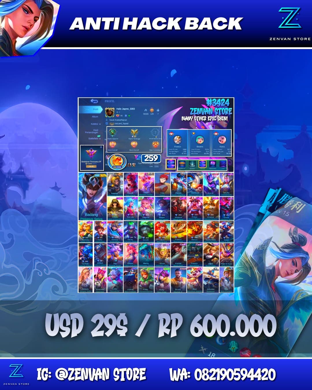 Foto akun ML #3424 🔥 259 Skins 🔥 Collector Natalia 🔥 Gusion (Rare/Gacha) 🔥 Many Epic 🔥 Safe Account ✅ - gambar 1