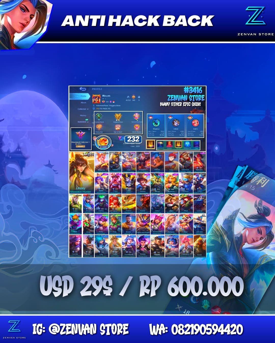 Foto akun ML #3416 🔥 232 Skins 🔥 Collector Natalia 🔥 KoF Karina 🔥 Many Epic 🔥 Safe Account ✅ - gambar 1