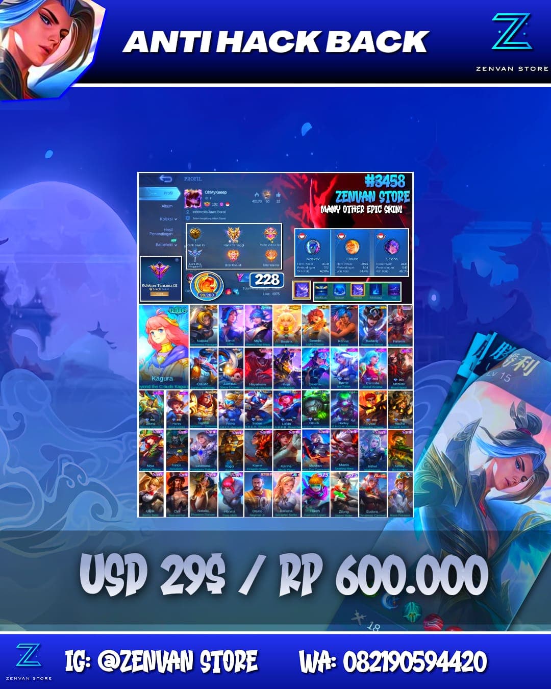 #3458 🔥 228 Skins 🔥 Collector Natalia 🔥 Clouds Kagura 🔥 Prime Beatrix 🔥 KoF Karina 🔥 Many Limited 🔥 Many Epic 🔥 Safe Account ✅