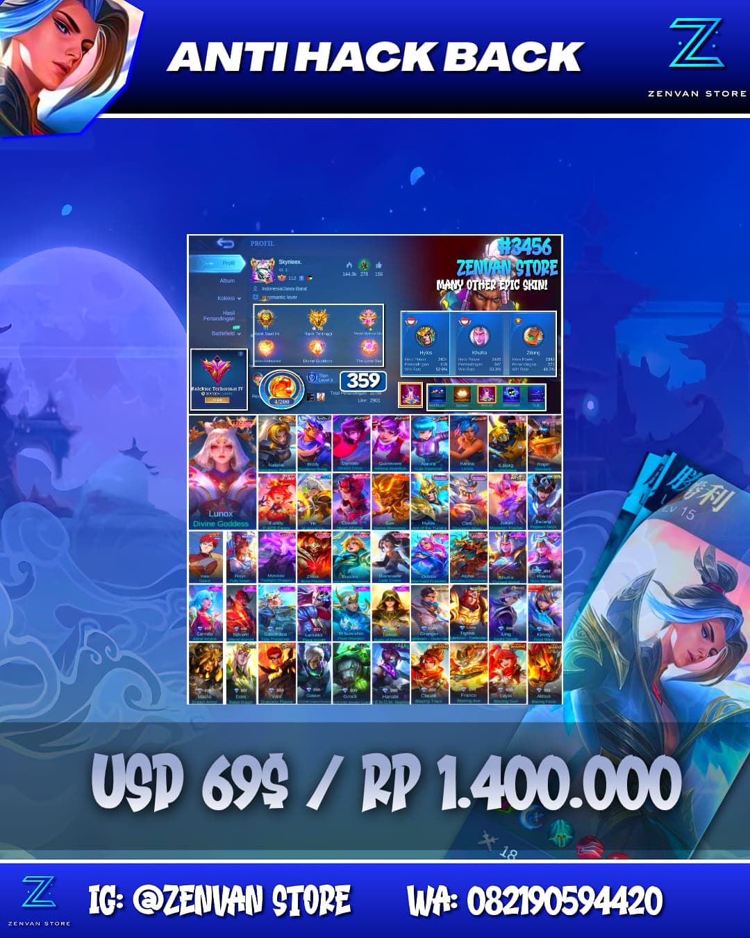 Foto akun ML #3456 🔥 359 Skins 🔥 Legend Lunox 🔥 Collector Natalia 🔥 Neobeast Brody 🔥 KoF Dyroth, Guinevere, Aurora & Karina 🔥 Transformers X-Borg & Roger 🔥 M-World Yin 🔥 Many Limited 🔥 Many Epic 🔥 Safe A - gambar 1