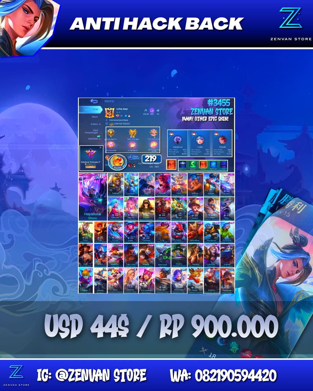 Foto akun ML #3455 🔥 219 Skins 🔥 Collector Natalia 🔥 11.11 Hayabusa 🔥 M-World Ling 🔥 KoF Karina 🔥 Many Epic 🔥 Safe Account ✅ - gambar 1