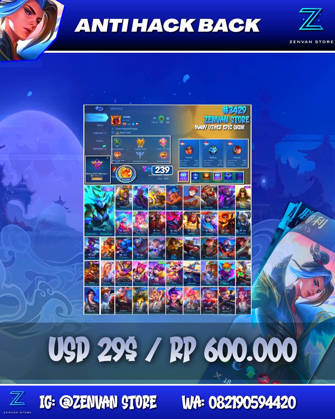 Foto akun ML #3429 🔥 239 Skins 🔥 Collector Natalia 🔥 Stun Brody 🔥 M-World Yin 🔥 KoF Karina 🔥 Many Epic 🔥 Safe Account ✅ - gambar 1