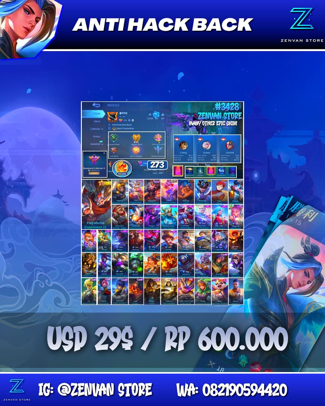 Foto akun ML #3428 🔥 273 Skins 🔥 Collector Natalia 🔥 Saint Seiya Badang 🔥 KoF Karina 🔥 Many Epic 🔥 Safe Account ✅ - gambar 1