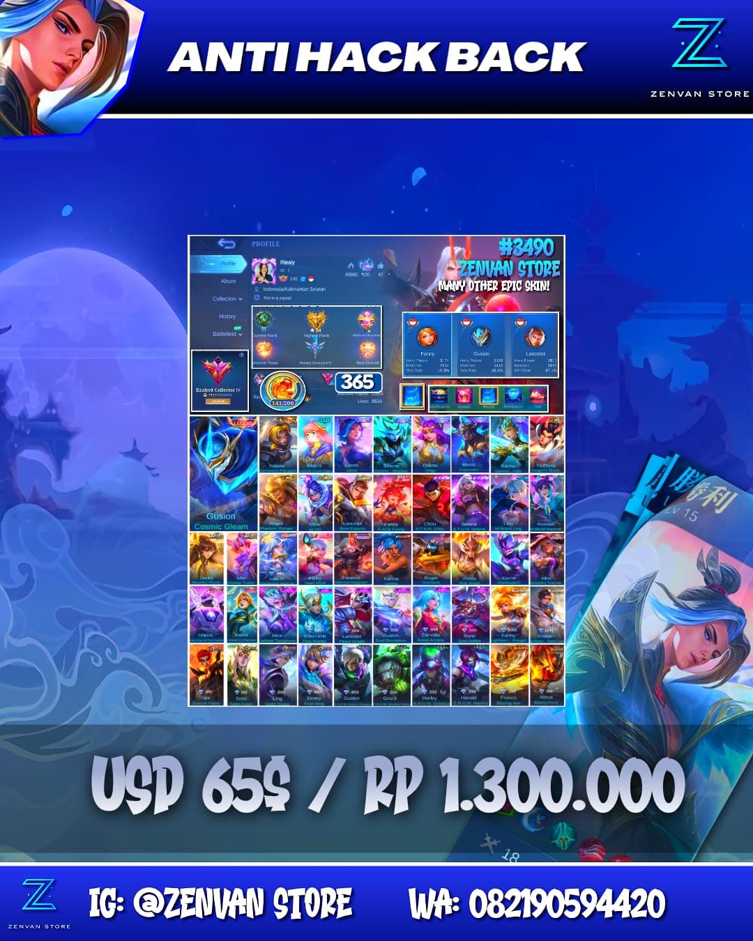 Foto akun ML #3490 🔥 365 Skins 🔥 Legend Gusion 🔥 Collector Natalia 🔥 Clouds Kagura 🔥 Stun Selena & Chou 🔥 M-World Ling & Wanwan 🔥 KoF Karina 🔥 Many Limited 🔥 Many Zodiacs 🔥 Many Epic 🔥 Safe Account ✅ - gambar 1