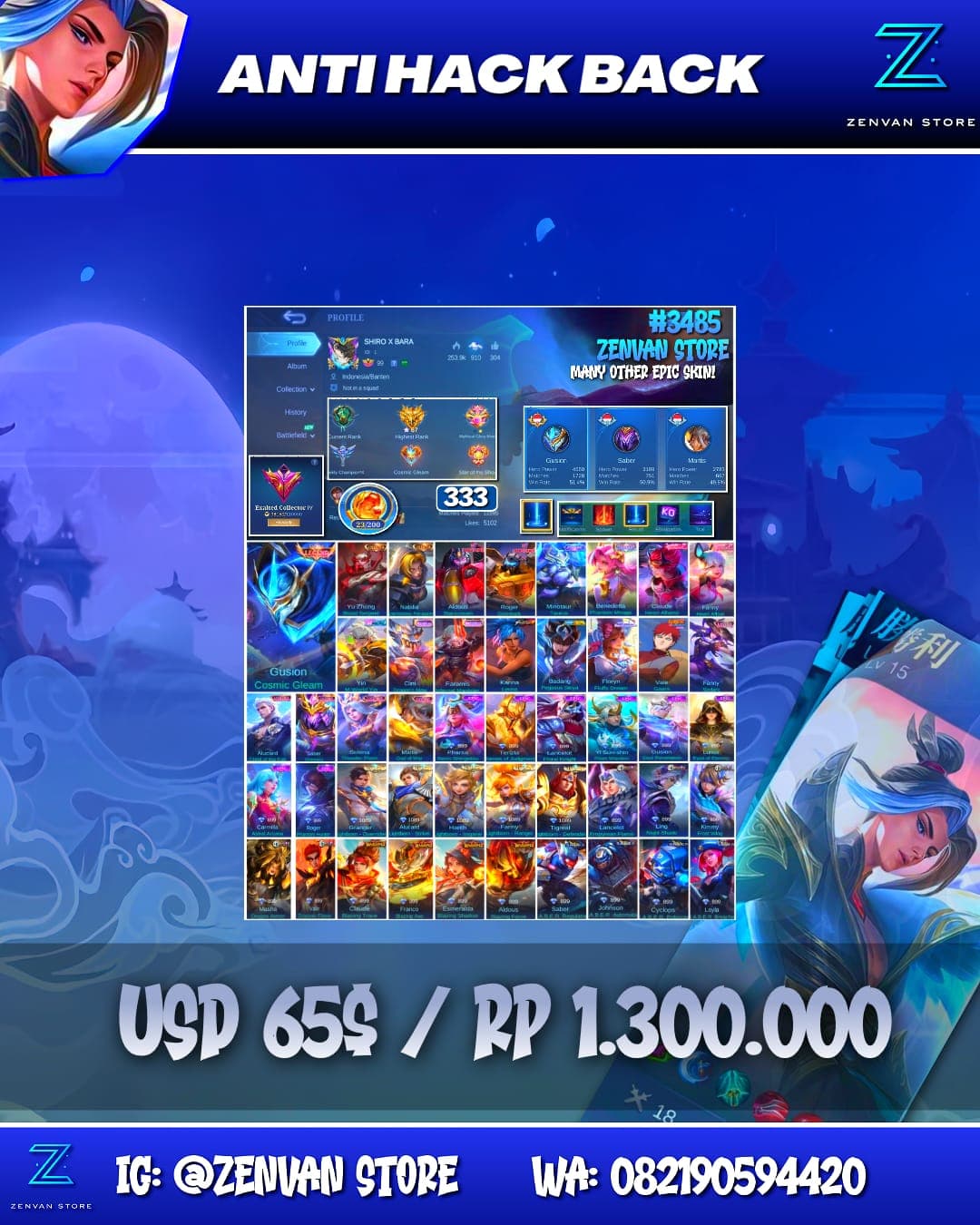 Foto akun ML #3485 🔥 333 Skins 🔥 Legend Gusion 🔥 Collector Yu Zhong & Natalia 🔥 Transformers Aldous & Roger 🔥 KoF Karina 🔥 Many Limited 🔥 Many Epic 🔥 Safe Account ✅ - gambar 1