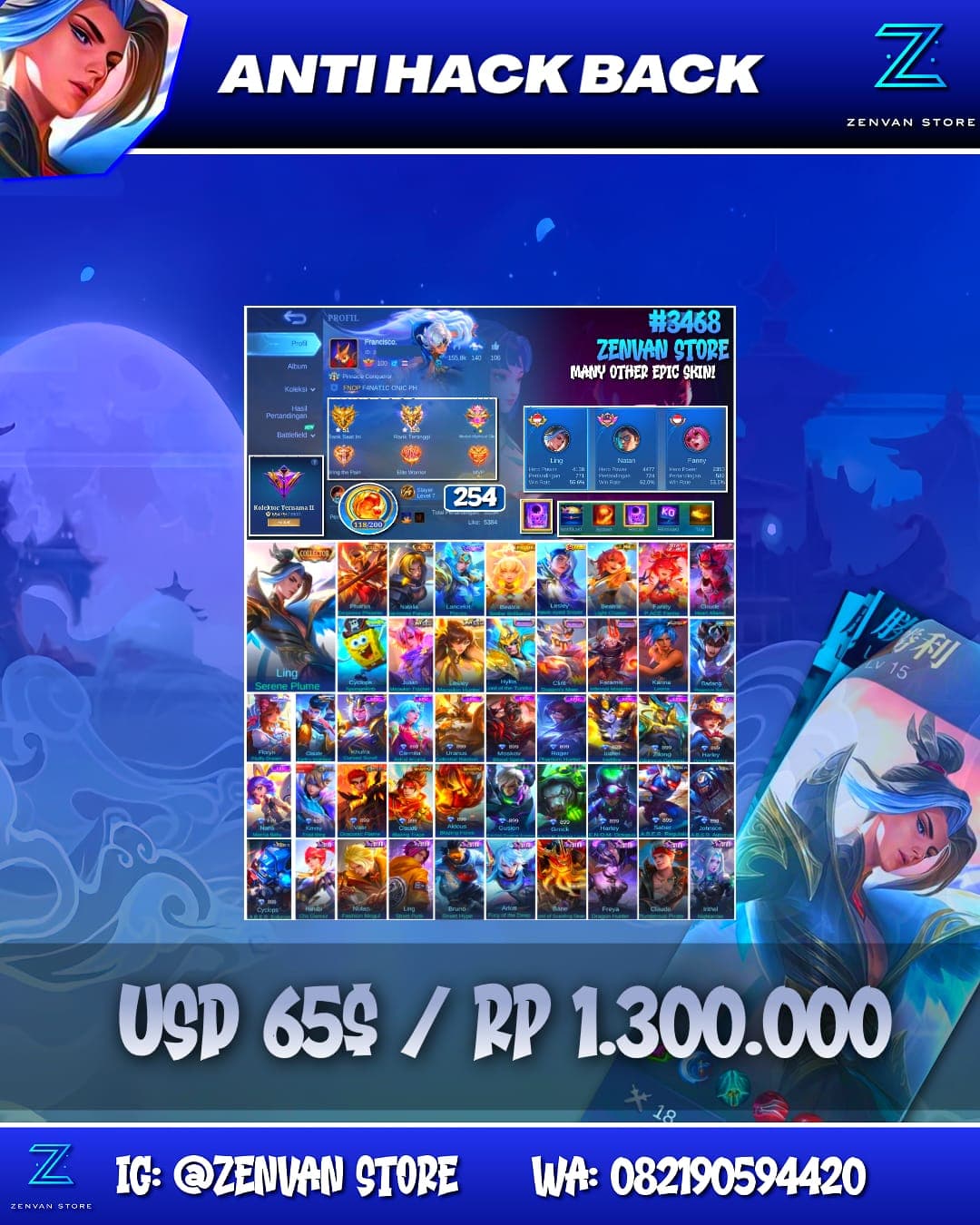 Foto akun ML #3468 🔥 254 Skins 🔥 Collector Ling, Pharsa & Natalia 🔥 Prime Claude 🔥 SpongeBob 🔥 KoF Karina 🔥 Many Limited 🔥 Many Epic 🔥 Safe Account ✅ - gambar 1