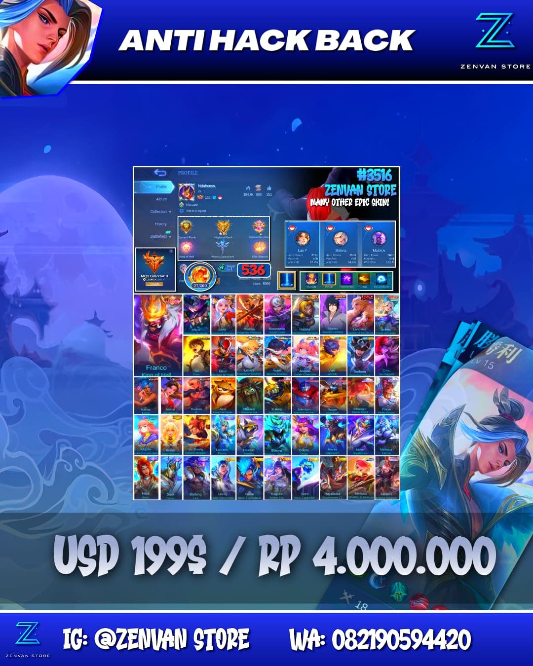 Foto akun ML #3516 🔥 536 Skins 🔥 Legend Franco & Miya 🔥 4 Collectors 🔥 Sasuke 🔥 Zenith Selena 🔥 Attack on Titan Eren 🔥 Ducati Irithel 🔥 Saint Seiya Valir 🔥 Sanrio 🔥 Prime Beatrix & Yu Zhong 🔥 Transforme - gambar 1