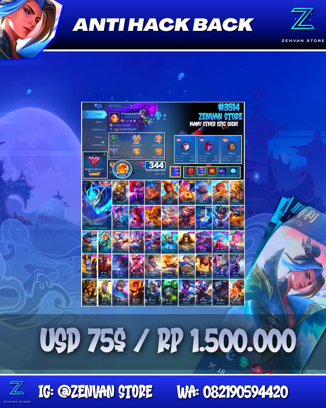 Foto akun ML #3514 🔥 344 Skins 🔥 Legend Gusion 🔥 Collector Natalia 🔥 Prime Claude 🔥 M-World Wanwan 🔥 Transformers Roger 🔥 KoF Chou & Karina 🔥 Many Limited 🔥 Many Epic 🔥 Safe Account ✅ - gambar 1