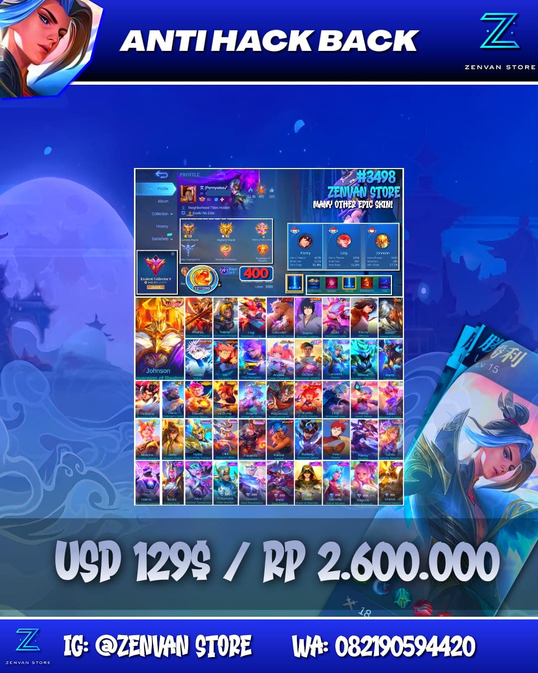 Foto akun ML #3498 🔥 400 Skins 🔥 Legend Johnson 🔥 Collector Pharsa & Natalia 🔥 Neobeast Ling & Lylia 🔥 Kinsin Lancelot 🔥 Sasuke 🔥 Attack on Titan Mikasa 🔥 Soul Vessels Aamon 🔥 HxH Killua 🔥 Jujutsu Kaisen - gambar 1