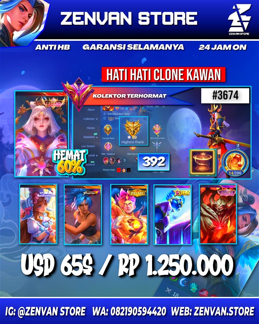 Foto akun ML #3674 🔥 392 Skins 🔥 Legend Lunox 🔥 Collector Natalia 🔥 Prime Claude 🔥 SpongeBob 🔥 Many Limited 🔥 Many Epic 🔥 Safe Account ✅ - gambar 1