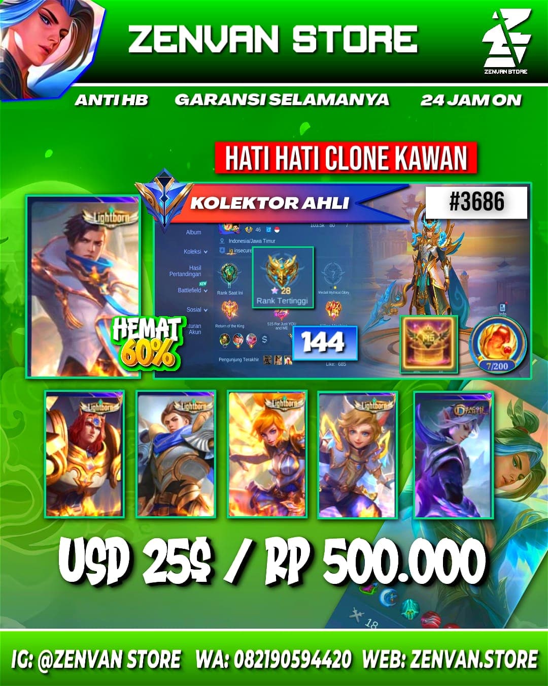 Foto akun ML #3686 🔥 144 Skins 🔥 Collector Natalia 🔥 Gusion (Gusion basic line) 🔥 Many Epic 🔥 Safe Account ✅ - gambar 1