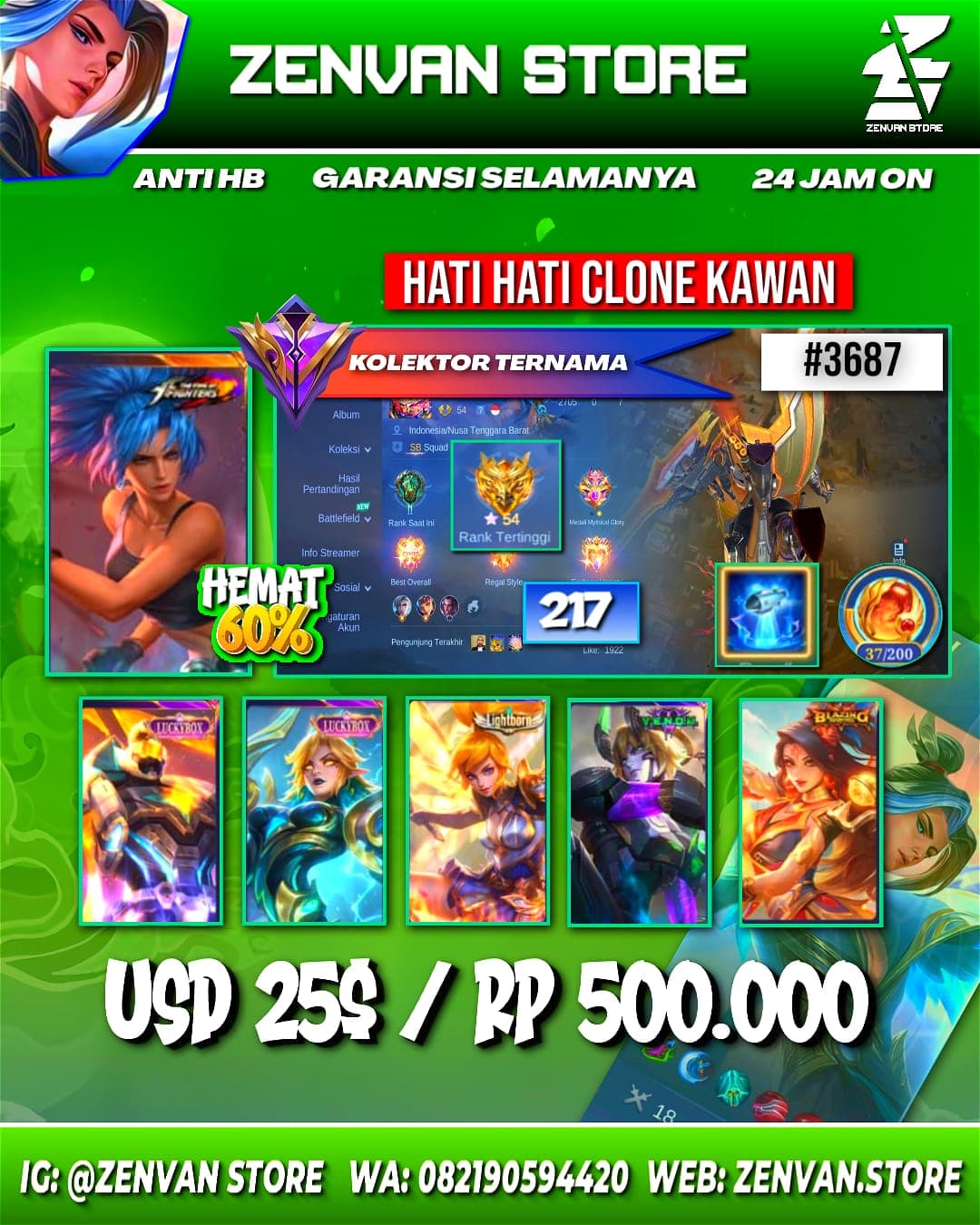 Foto akun ML #3687 🔥 217 Skins 🔥 Collector Natalia 🔥 SpongeBob 🔥 KoF Karina 🔥 Many Limited 🔥 Many Epic 🔥 Safe Account ✅ - gambar 1