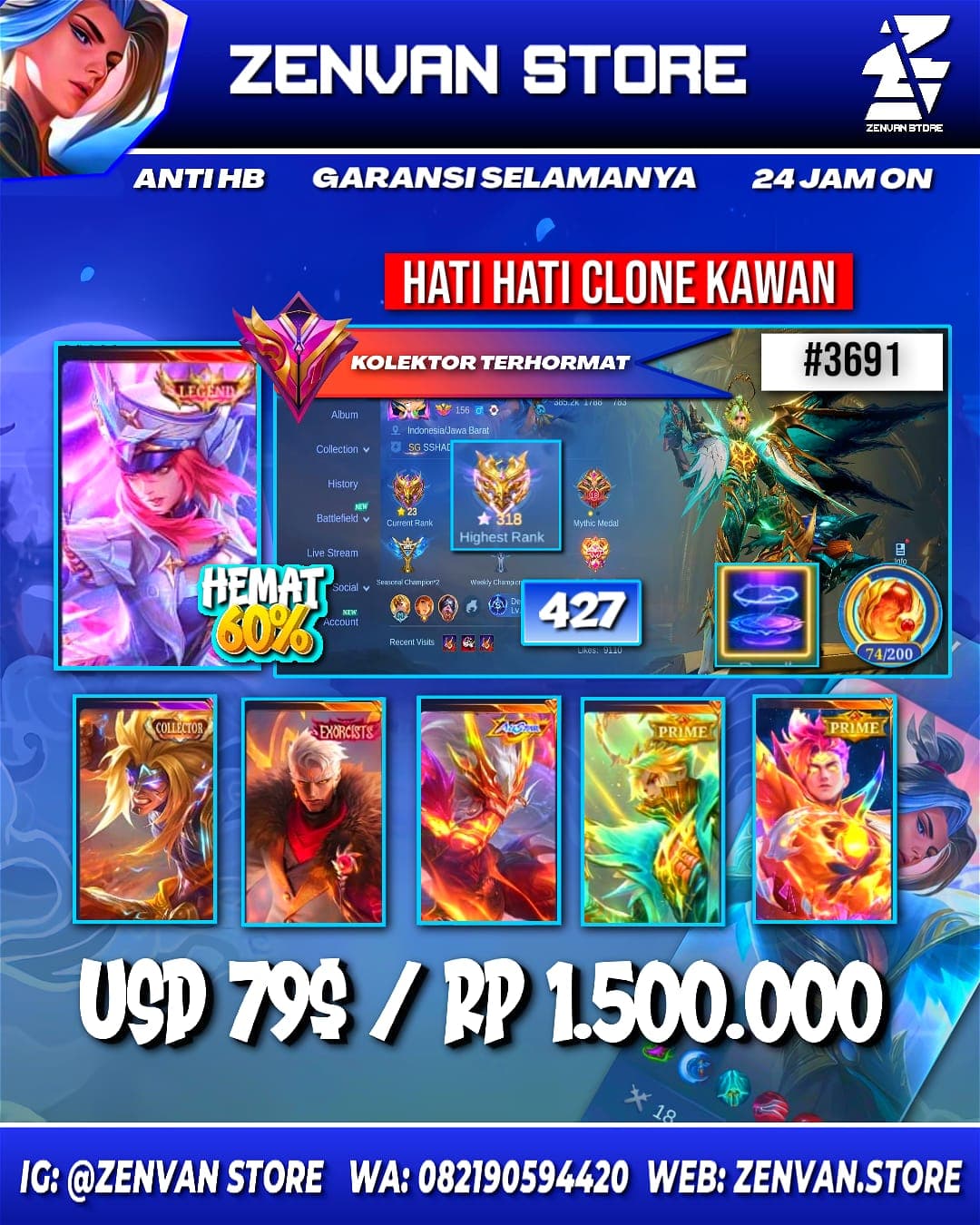 Foto akun ML #3691 🔥 427 Skins 🔥 Legend Freya 🔥 Collector Badang & Natalia 🔥 Exorcist Yu Zhong 🔥 Internal Moskov 🔥 Prime Granger, Claude, Yu Zhong & Beatrix 🔥 SpongeBob 🔥 Many Limited 🔥 Many Zodiacs 🔥 Ma - gambar 1