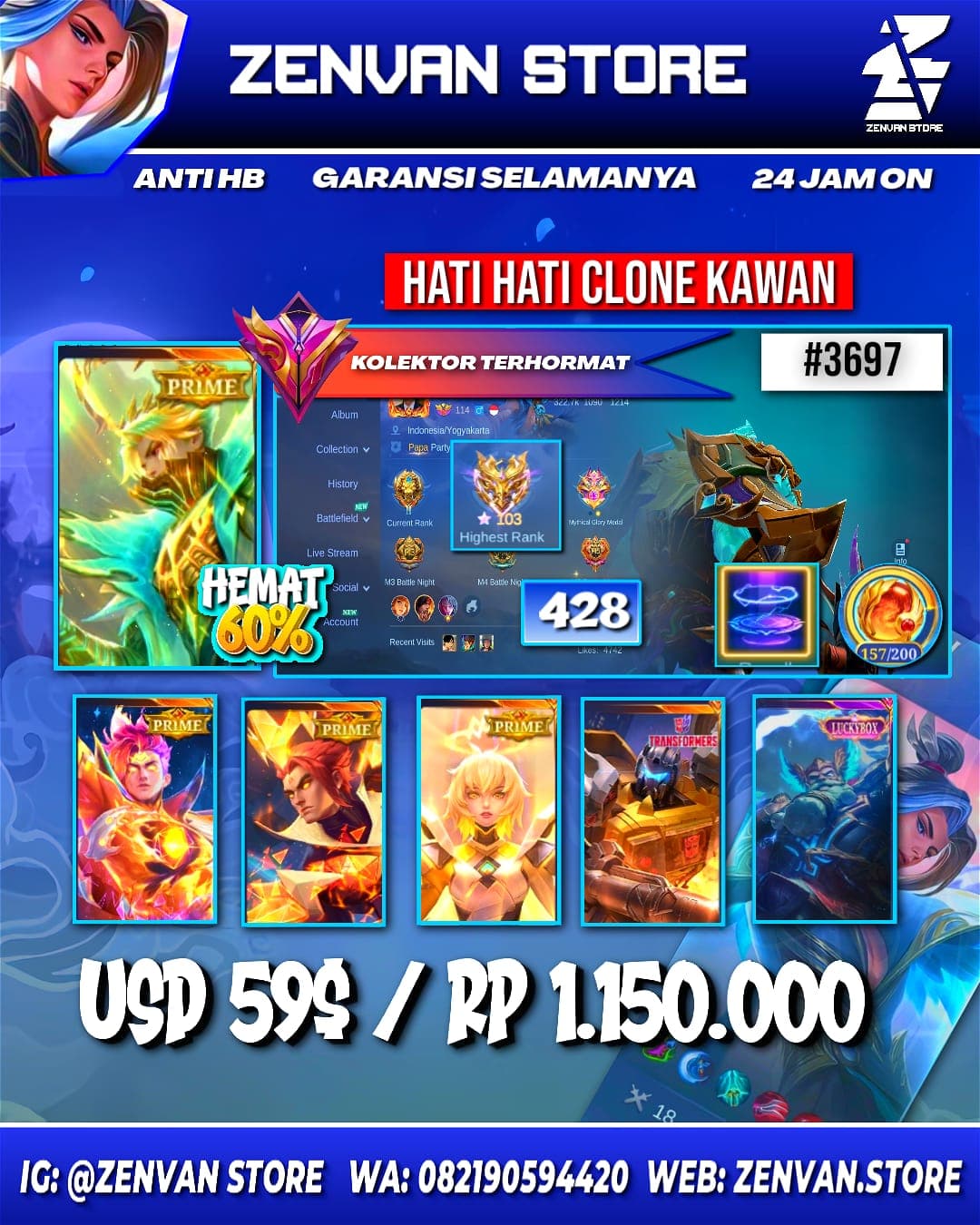 Foto akun ML #3697 🔥 428 Skins 🔥 Collector Natalia 🔥 Full Prime (Granger, Claude, Yu Zhong & Beatrix) 🔥 Transformers Roger 🔥 KoF Karina 🔥 Many Limited 🔥 Many Epic 🔥 Safe Account ✅ - gambar 1