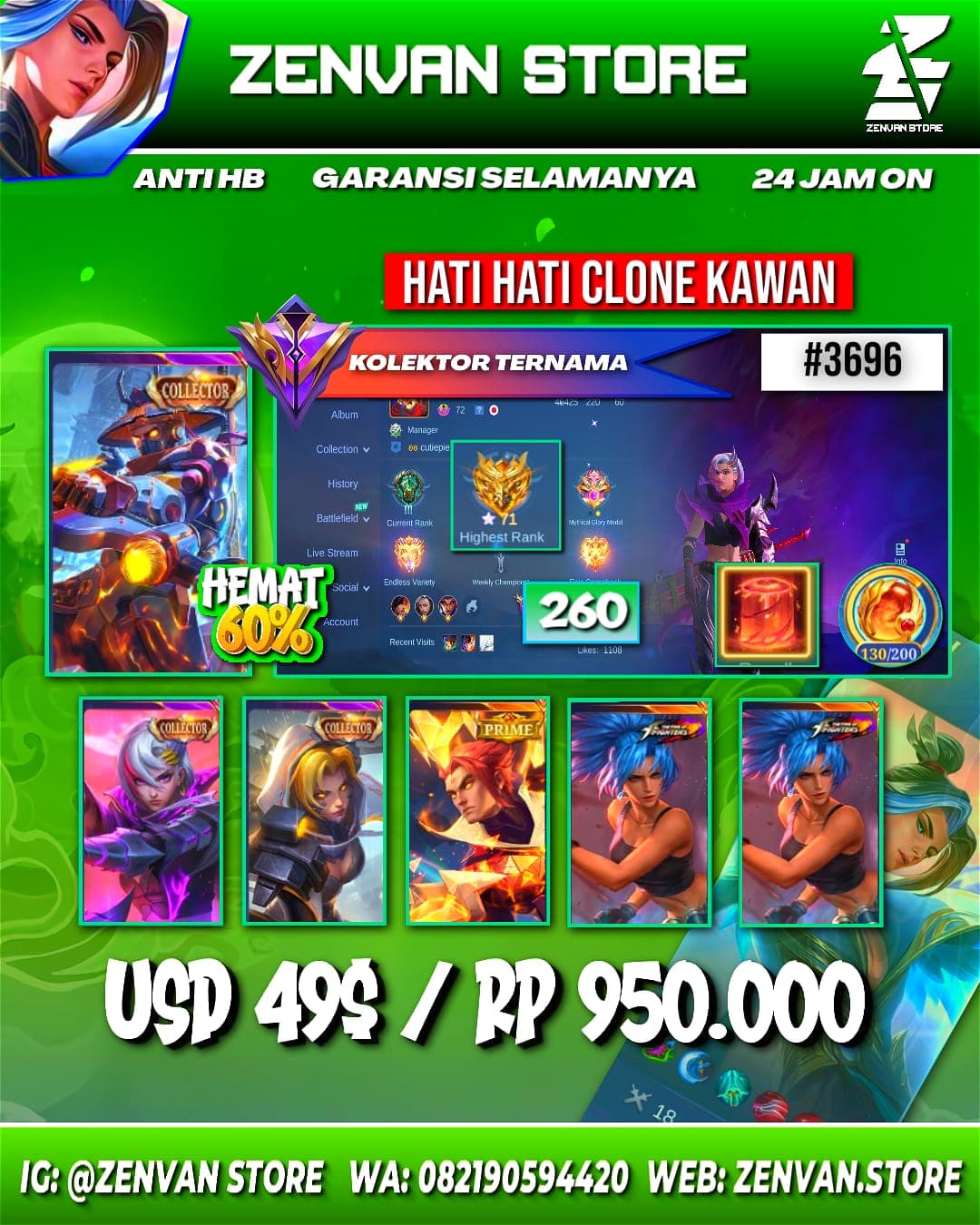 Foto akun ML #3696 🔥 260 Skins 🔥 3 Collectors 🔥 Yin Sun Shin, Benedetta & Natalia 🔥 Prime Yu Zhong 🔥 M-World Wanwan 🔥 KoF Karina 🔥 Many Limited 🔥 Many Epic 🔥 Safe Account ✅ - gambar 1