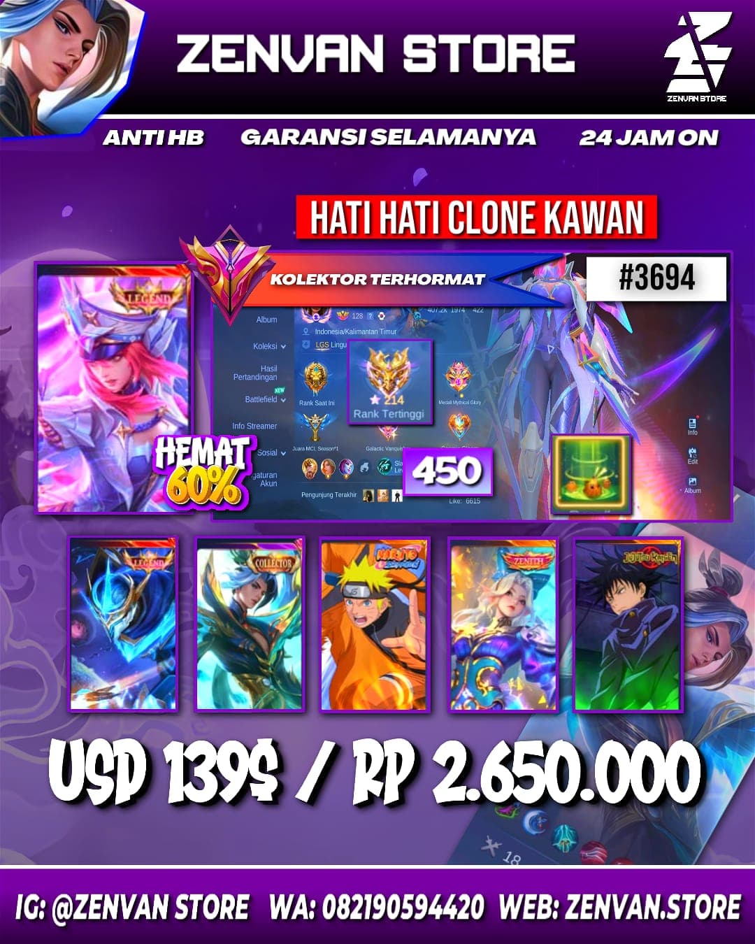Foto akun ML #3694 🔥 450 Skins 🔥 2 Legends 🔥 Collector Ling & Natalia 🔥 Naruto 🔥 Jujutsu Kaisen Megumi 🔥 Ducati Leomord 🔥 Prime Granger & Claude 🔥 KoF Gusion, Dyroth & Karina 🔥 Stun Chou 🔥 SpongeBob 🔥 M - gambar 1