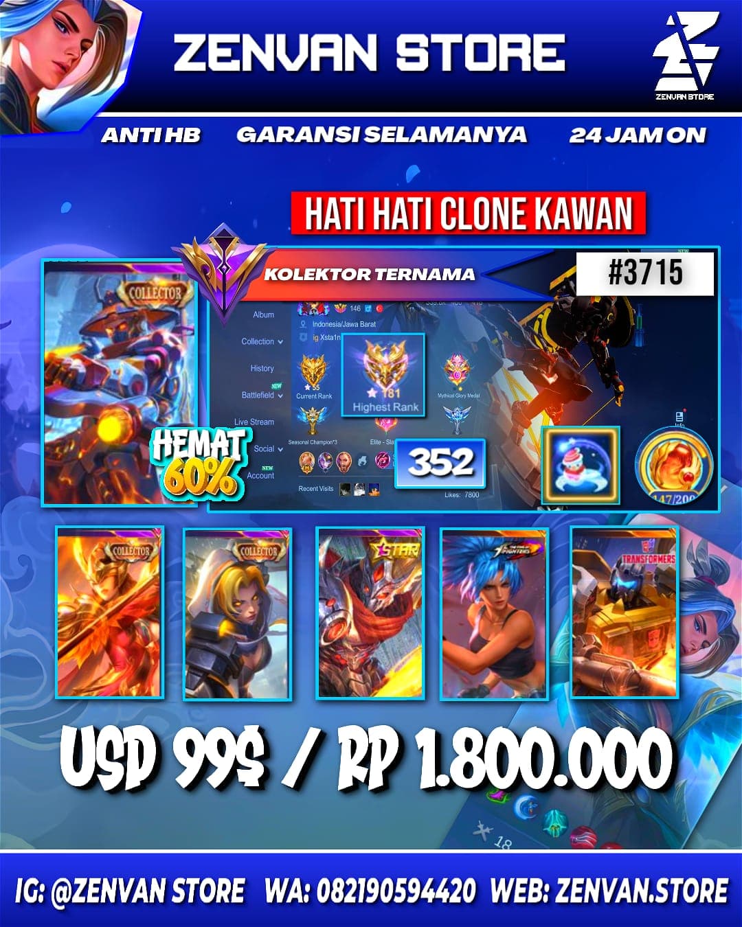 Foto akun ML #3715 🔥 352 Skins 🔥 3 Collectors 🔥 Yin Sun Shin, Pharsa & Natalia 🔥 Stun Brody 🔥 M-World Ling 🔥 Transformers Roger 🔥 KoF Karina 🔥 Many Epic 🔥 Safe Account ✅ - gambar 1