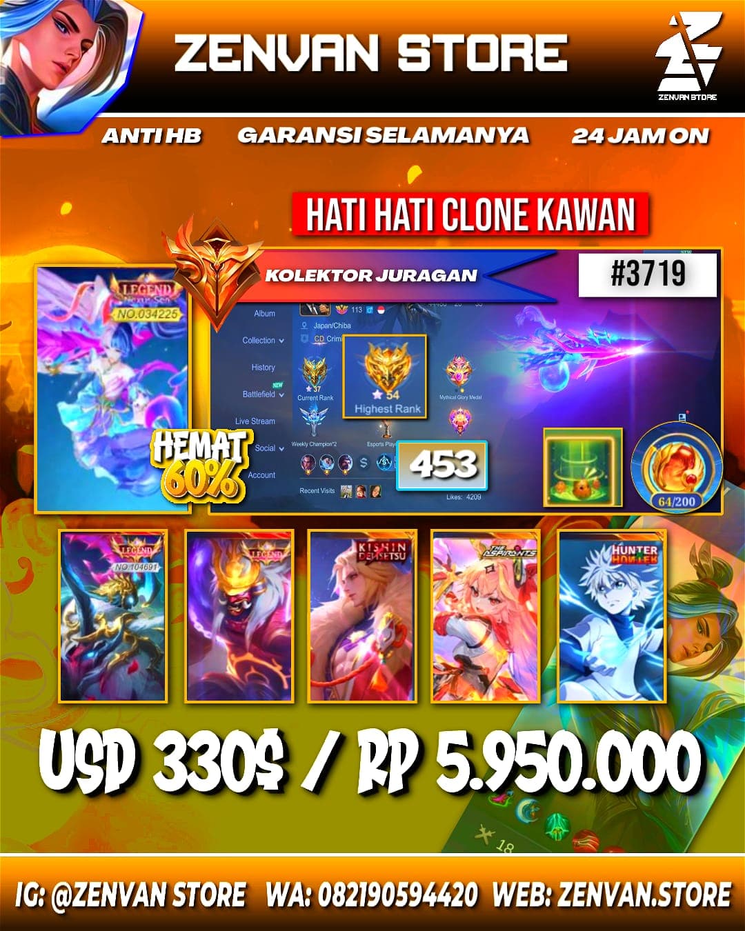 #3719 🔥 453 Skins 🔥 3 Legends 🔥 3 Collectors 🔥 HxH Killua & Gon 🔥 Valentine Lance 🔥 Aspirant Guinevere & Chang’e 🔥 Saint Seiya Chou 🔥 Prime Claude & Granger 🔥 KoF Dyroth, Aurora & Karina 🔥 C
