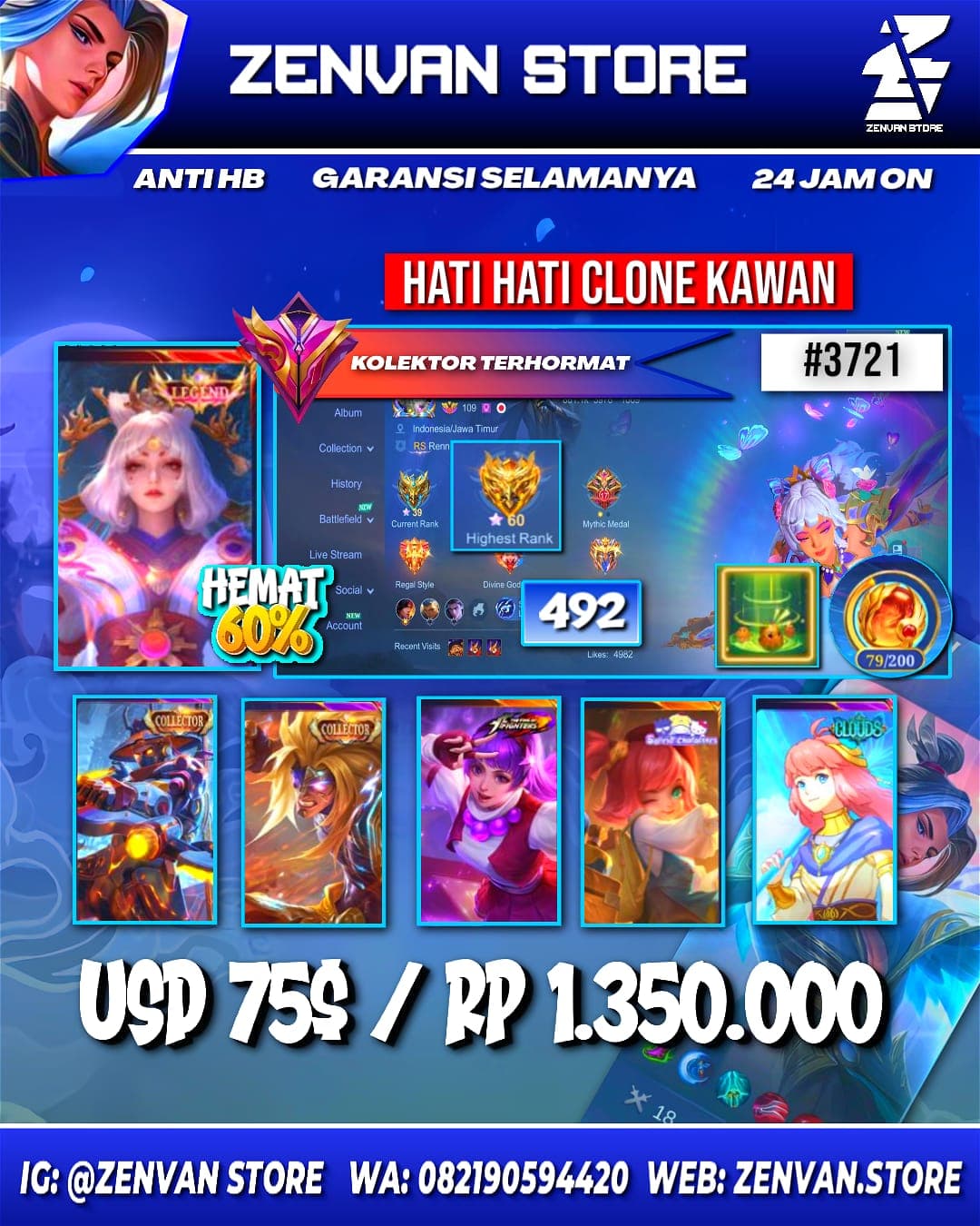 #3721 🔥 492 Skins 🔥 Legend Lunox 🔥 3 Collectors 🔥 KoF Guinevere & Karina 🔥 Sanrio Chang’e & Floryn 🔥 Prime Yu Zhong 🔥 SpongeBob 🔥 Many Limited 🔥 Many Zodiacs 🔥 Many Epic 🔥 Safe Account ✅