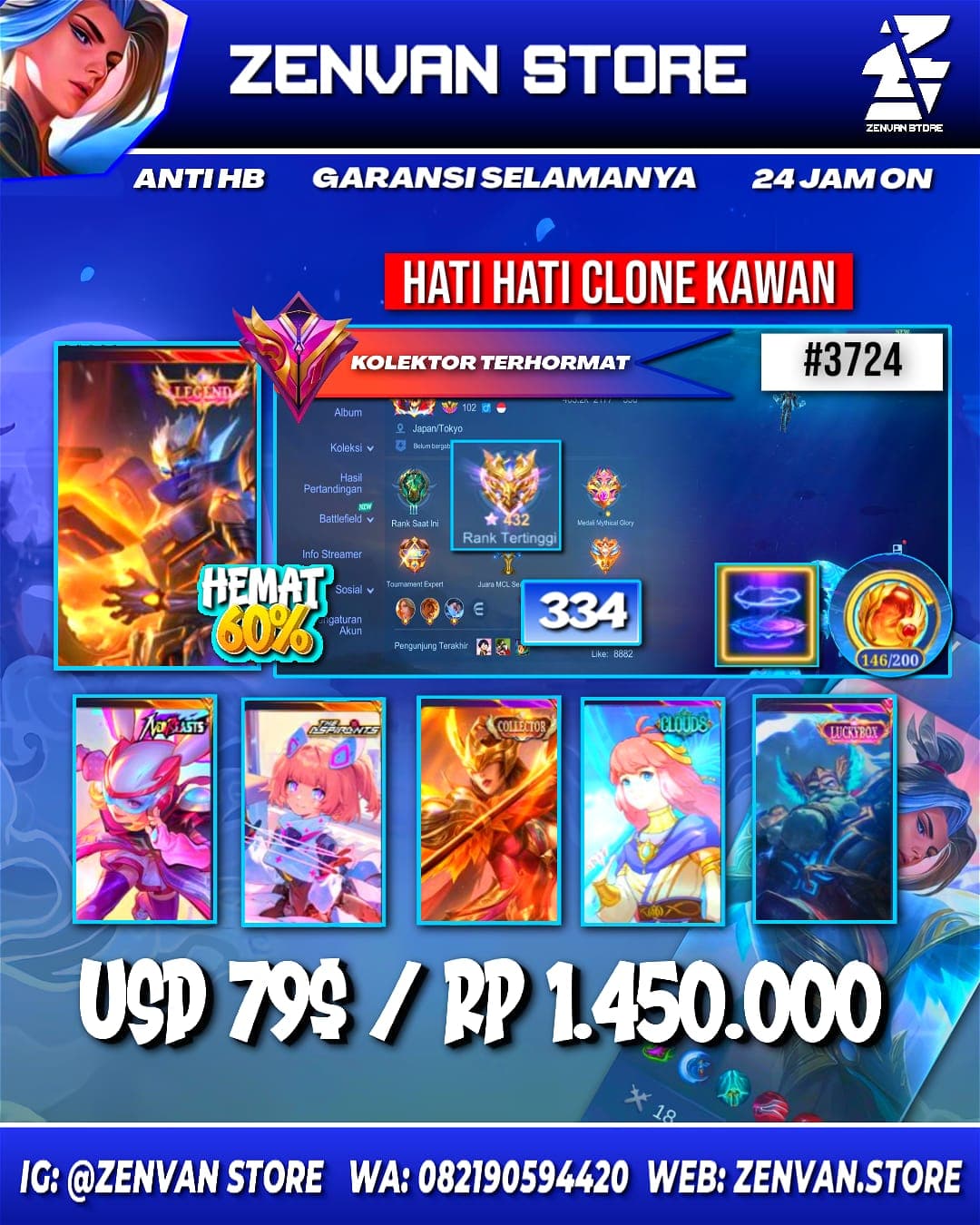 #3724 🔥 334 Skins 🔥 Legend Granger 🔥 2 Collectors 🔥 Neobeast Lylia 🔥 Aspirant Angela 🔥 Clouds Kagura 🔥 KoF Karina 🔥 Many Limited 🔥 Many Zodiacs 🔥 Many Epic 🔥 Safe Account ✅