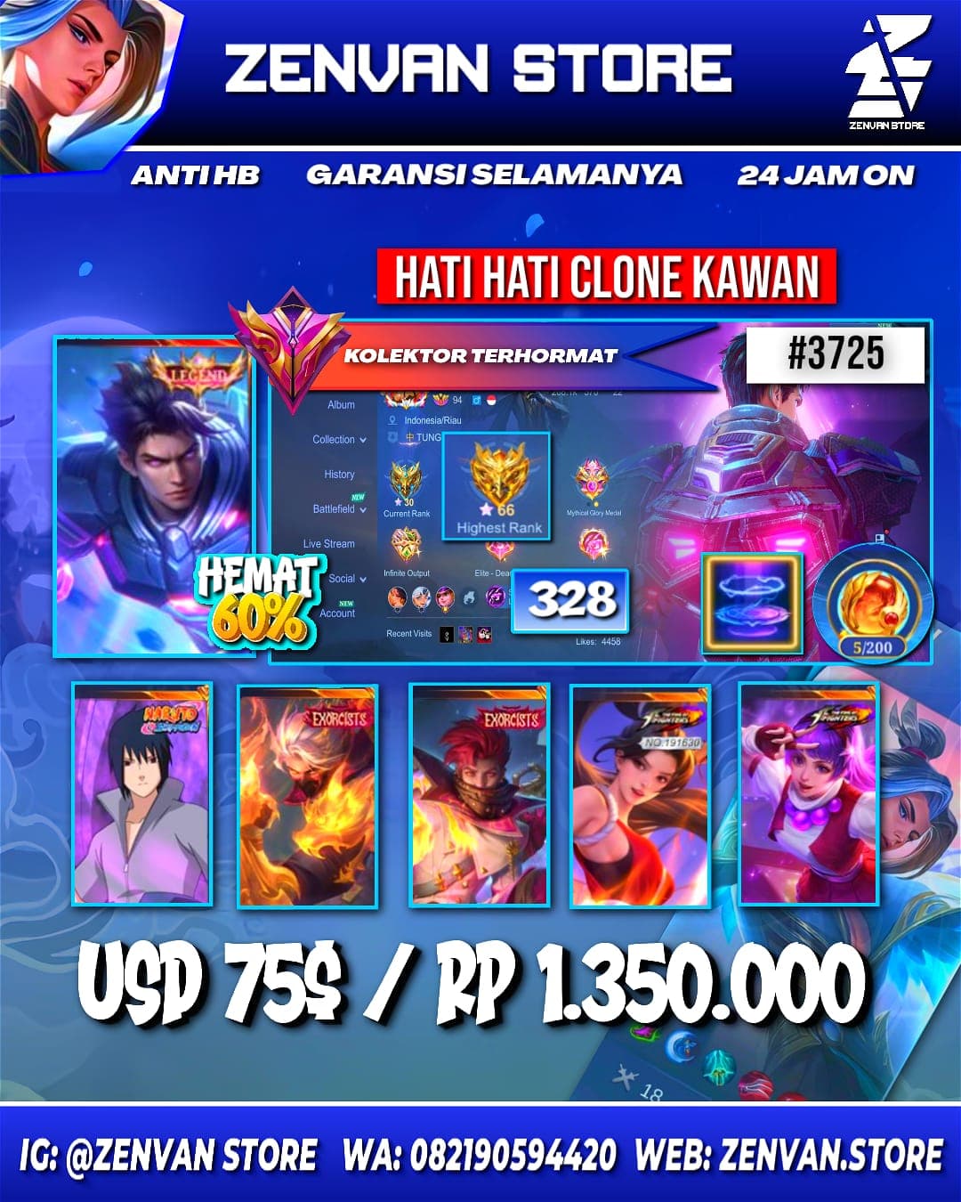Foto akun ML #3725 🔥 328 Skins 🔥 Legend Alucard 🔥 Collector Natalia 🔥 Sasuke 🔥 Exorcist Hayabusa & Granger 🔥 KoF Masha, Guinevere & Karina 🔥 SpongeBob 🔥 Many Limited 🔥 Many Epic 🔥 Safe Account ✅ - gambar 1