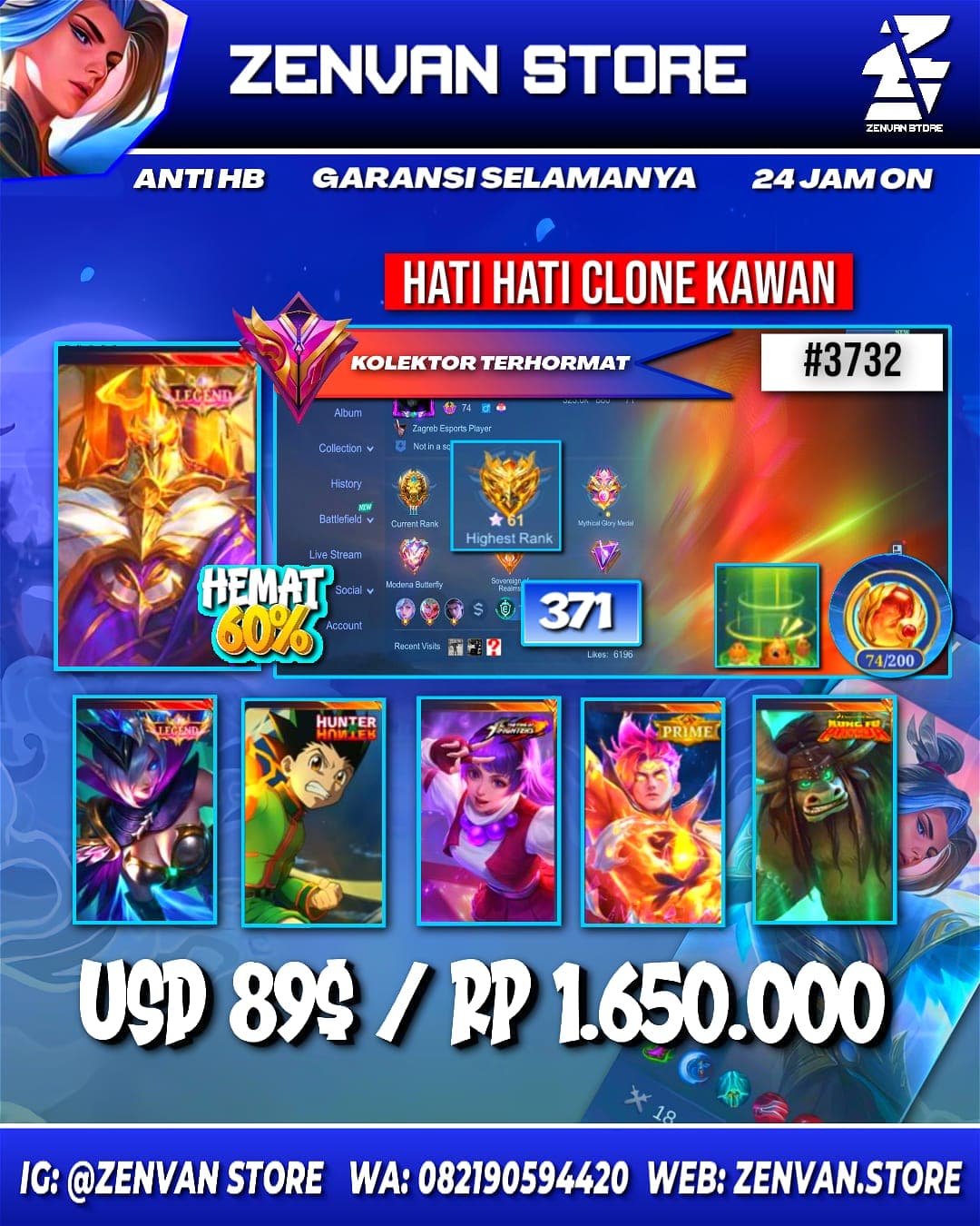 #3732 🔥 371 Skins 🔥 2 Legends 🔥 HxH Gon 🔥 Prime Claude 🔥 Transformers Roger 🔥 KoF Guinevere & Karina 🔥 Many Limited 🔥 Many Zodiacs 🔥 Many Epic 🔥 Safe Account ✅