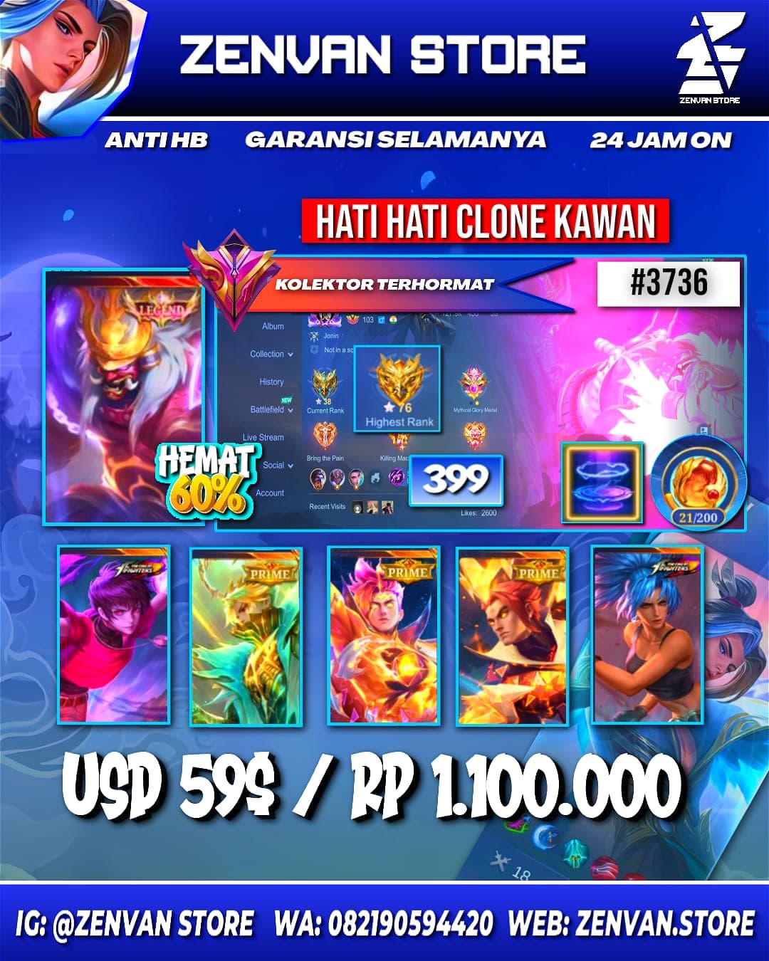 Foto akun ML #3736 🔥 399 Skins 🔥 Legend Franco 🔥 2 Collectors 🔥 Prime Granger, Claude & Yu Zhong 🔥 Clouds Kagura 🔥 KoF Dyroth & Karina 🔥 SpongeBob 🔥 Many Limited 🔥 Many Zodiacs 🔥 Many Epic 🔥 Safe Accoun - gambar 1