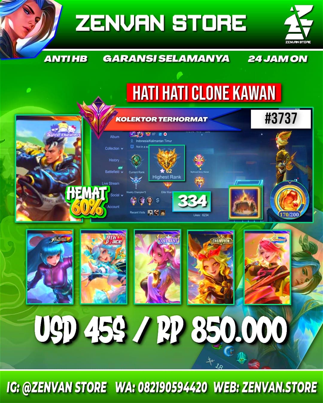Foto akun ML #3737 🔥 334 Skins 🔥 Sanrio Claude & Floryn 🔥 KoF Karina & Aurora 🔥 Many Limited 🔥 Many Zodiacs 🔥 Many Epic 🔥 Safe Account ✅ - gambar 1