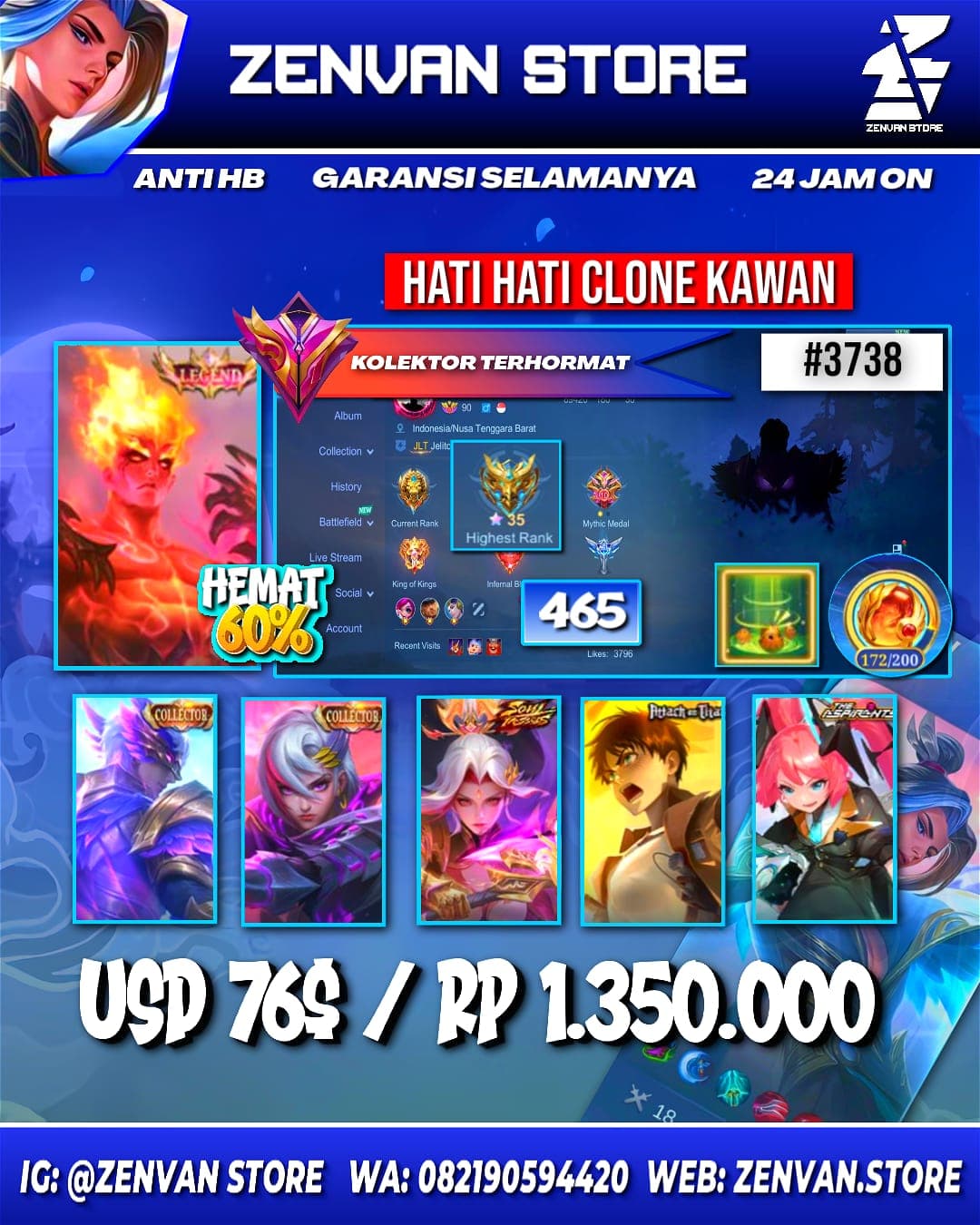 #3738 🔥 465 Skins 🔥 Legend Valir 🔥 3 Collectors 🔥 AoT Eren 🔥 Soul Vessels Hanabi 🔥 Aspirant Layla 🔥 Prime Yu Zhong & Beatrix 🔥 Clouds Kagura 🔥 Stun Chou 🔥 KoF Karina 🔥 Transformers Roger 🔥