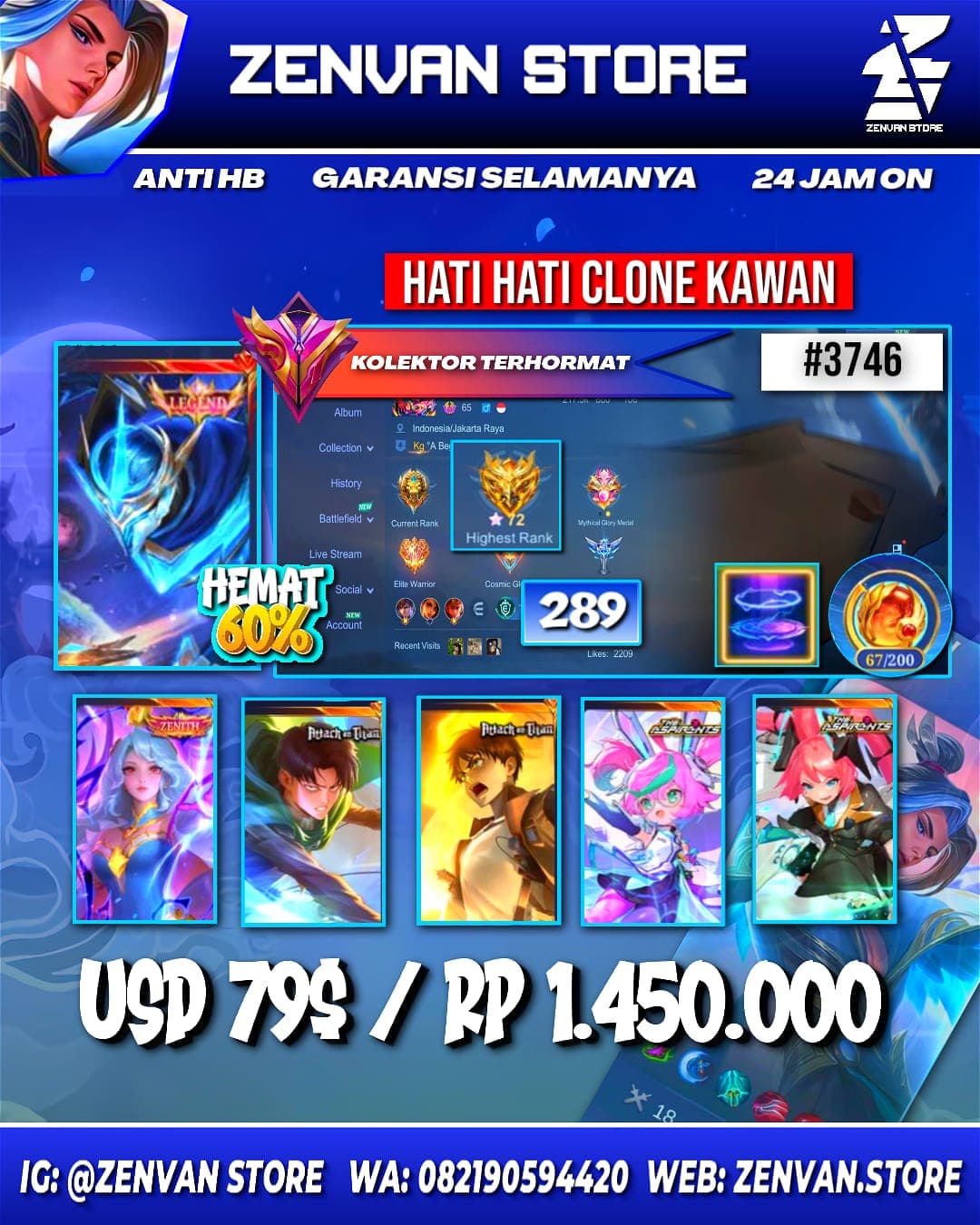 Foto akun ML #3746 🔥 289 Skins 🔥 Legend Gusion 🔥 Collector Natalia 🔥 Zenith Vexana 🔥 AoT Levi & Eren 🔥 Aspirant Chang’e & Layla 🔥 Prime Claude 🔥 M-World Ling 🔥 KoF Aurora & Karina 🔥 Many Limited 🔥 Many - gambar 1