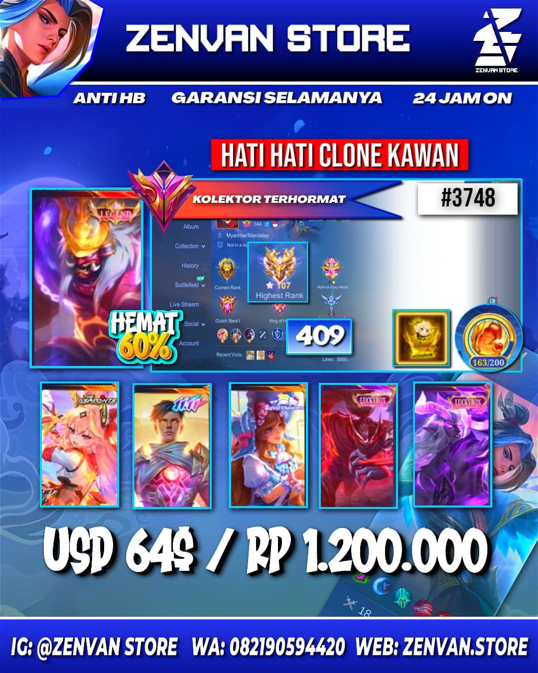 #3748 🔥 409 Skins 🔥 Legend Franco 🔥 Collector Natalia 🔥 Aspirant Guinevere 🔥 11.11 Gusion 🔥 Prime Claude & Granger 🔥 Stun Selena 🔥 M-World Ling 🔥 Transformers Roger 🔥 KoF Karina 🔥 SpongeBob