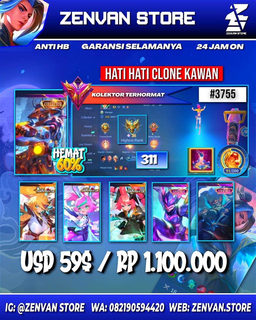 Foto akun ML #3755 🔥 311 Skins 🔥 Collector Yin Sun Shin 🔥 Aspirant Lesley, Chang’e & Layla 🔥 M-World Yin 🔥 SpongeBob 🔥 Many Limited 🔥 Many Zodiacs 🔥 Many Epic 🔥 Safe Account ✅ - gambar 1