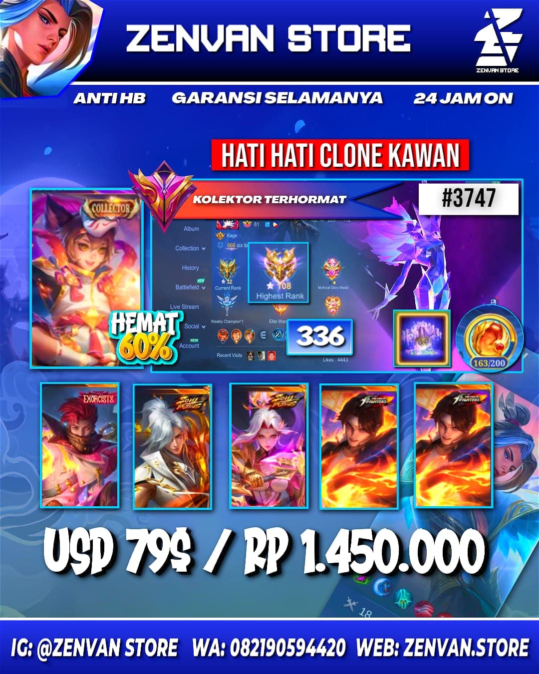 Foto akun ML #3747 🔥 336 Skins 🔥 2 Collectors 🔥 Exorcist Granger 🔥 Soul Vessels Aamon & Hanabi 🔥 Prime Granger 🔥 Stun Selena 🔥 - gambar 1