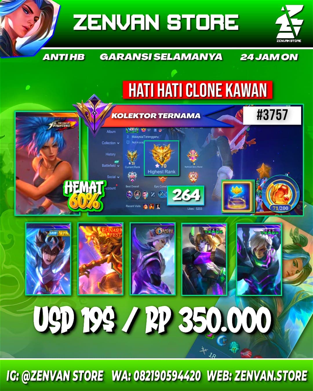 Foto akun ML #3757 🔥 264 Skins 🔥 Collector Natalia 🔥 KoF Karina 🔥 SpongeBob 🔥 Gara 🔥 Many Epic 🔥 Safe Account ✅ - gambar 1
