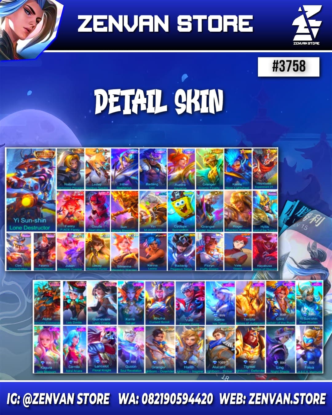 Foto akun ML #3758 🔥 402 Skins 🔥 Collectors Yin Sun Shin & Natalia 🔥 Aspirant Lesley 🔥 Prime Granger 🔥 SpongeBob 🔥 KoF Karina 🔥 Many Limited 🔥 Many Zodiacs 🔥 Many Epic 🔥 Safe Account ✅ - gambar 1