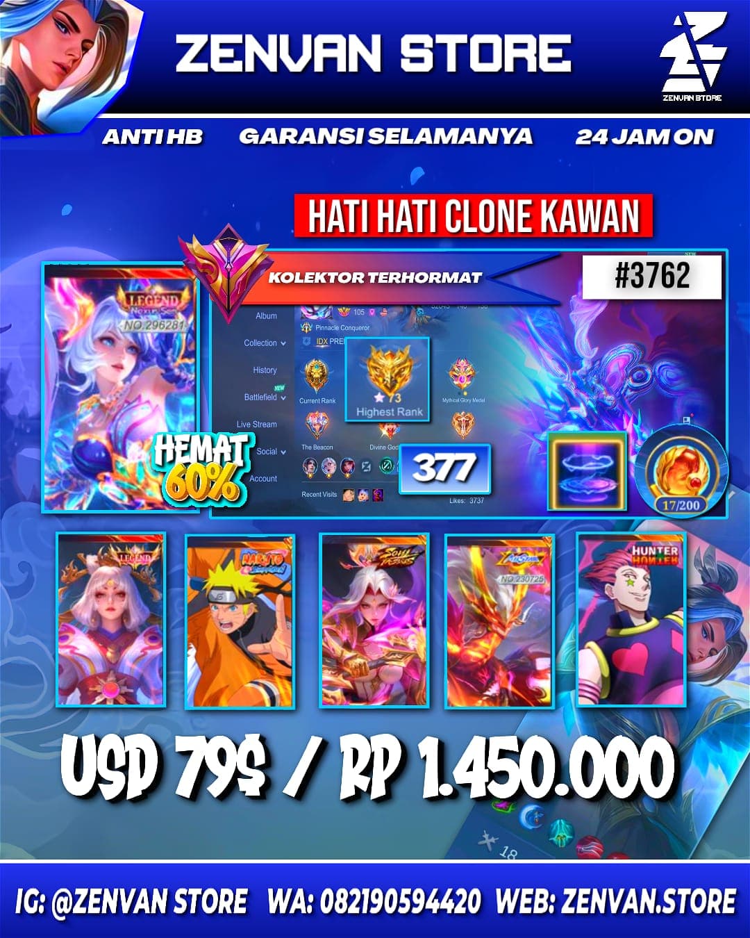 Foto akun ML #3762 🔥 377 Skins 🔥 Legends Layla & Lunox 🔥 Collector Natalia 🔥 Naruto 🔥 Soul Vessel Hanabi 🔥 Internal Moskov 🔥 Hunter x Hunter Hisoka 🔥 Ducati Irithel 🔥 Aspirant Angela 🔥 Prime Yu Zhong 🔥 - gambar 1