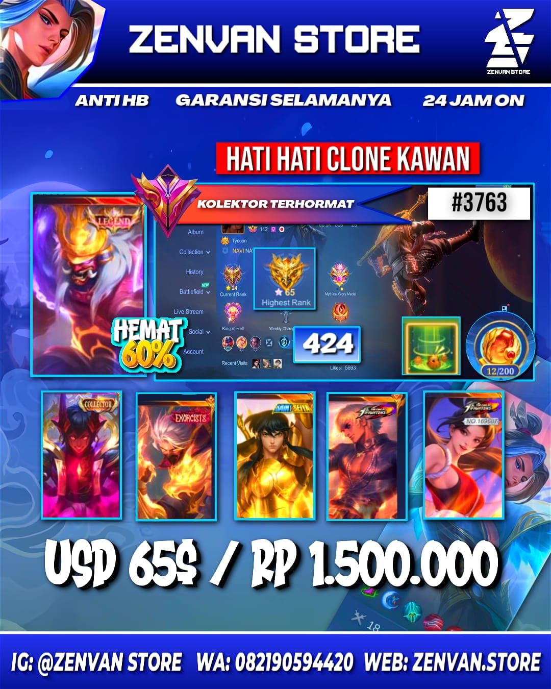 #3763 🔥 424 Skins 🔥 Legend Franco 🔥 Collectors Dyroth & Natalia 🔥 Exorcist Hayabusa 🔥 Jujutsu Kaisen Itadori 🔥 Ducati Irithel 🔥 Aspirant Chang’e & Layla 🔥 Saint Seiya Chou 🔥 KoF Gusion, Masha