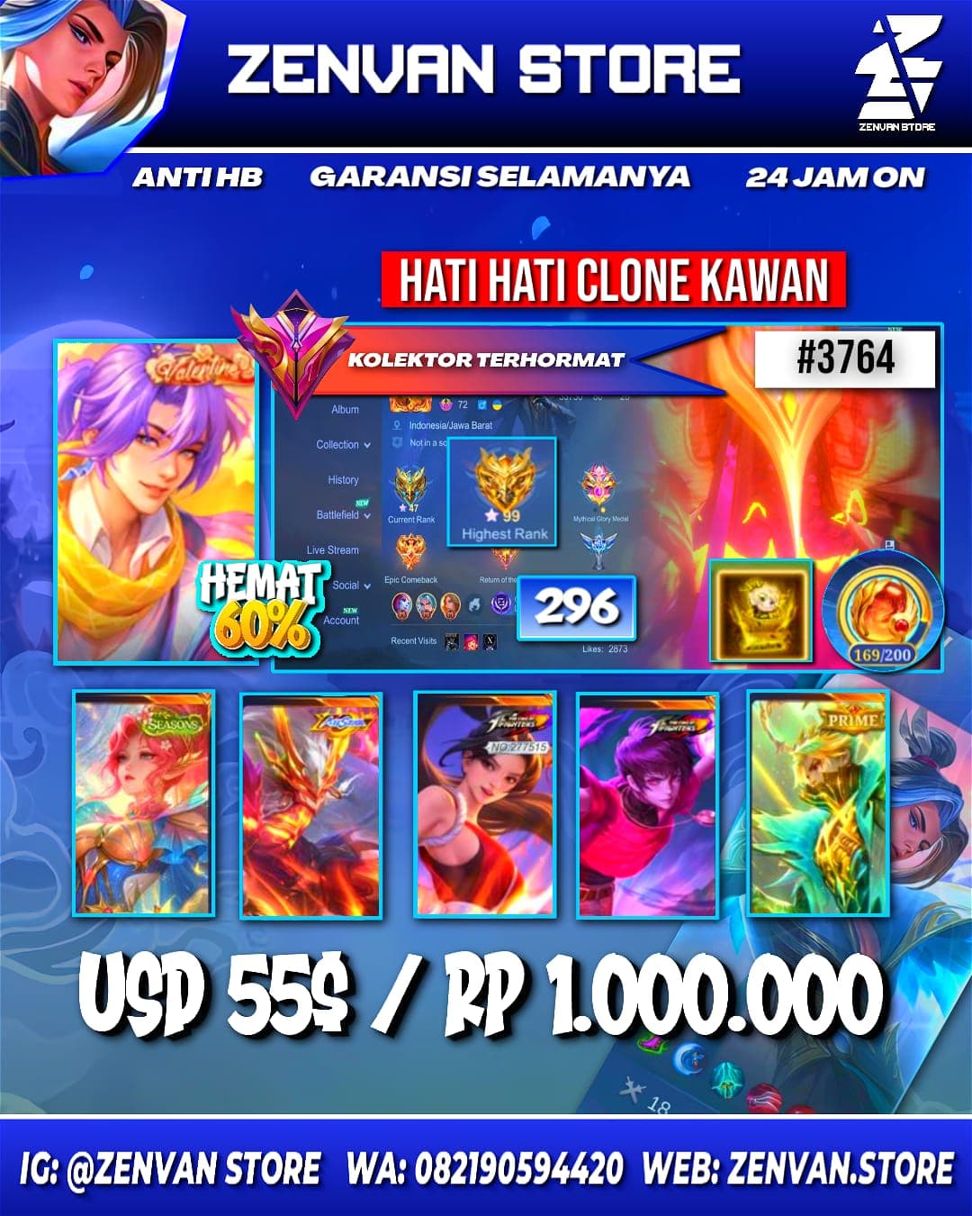 #3764 🔥 296 Skins 🔥 Valentine Lancelot 🔥 Internal Moskov 🔥 Prime Granger 🔥 Stun Brody 🔥 Transformers Roger 🔥 KoF Masha, Dyroth & Karina 🔥 SpongeBob 🔥 Gara 🔥 Many Limited 🔥 Many Epic 🔥 Safe
