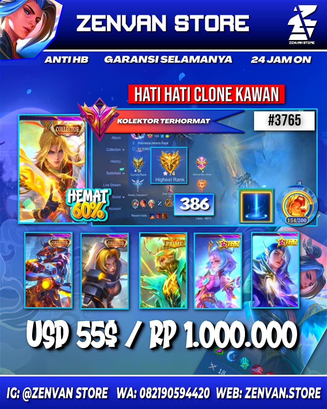 Foto akun ML #3765 🔥 386 Skins 🔥 Collectors Xavier, Yin Sun Shin & Natalia 🔥 Prime Granger 🔥 SpongeBob 🔥 KoF Karina 🔥 Many Limited 🔥 Many Epic 🔥 Safe Account ✅ - gambar 1